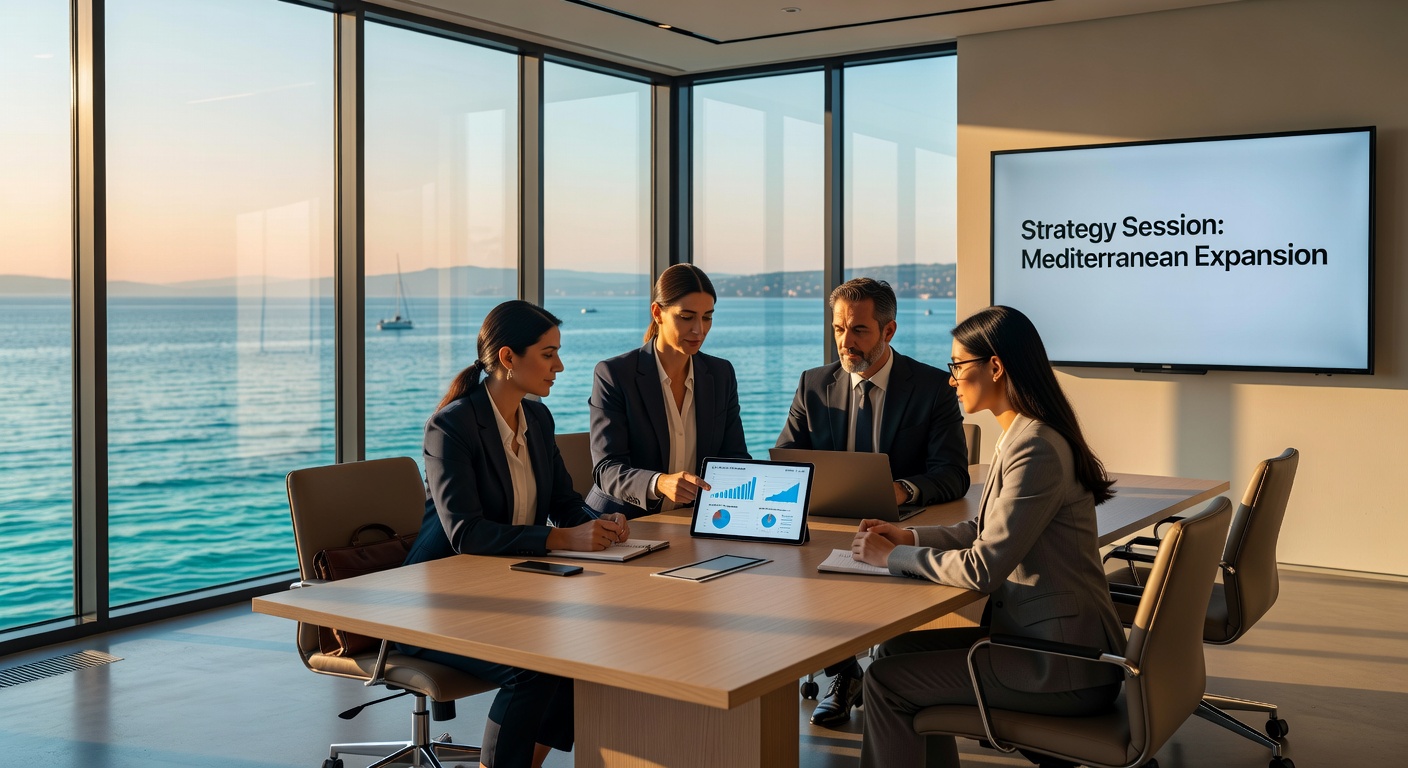Reunión empresarial con vista mediterránea